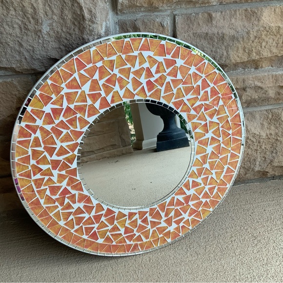 Vintage Early 2000’S Mosaic Tile Orange Round Ceramic Wall Mirror 19” Diameter - Picture 8 of 12